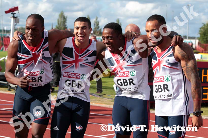 Great Britain winning 4 x 100 metres relay squad at the European Athletics Team Championships.